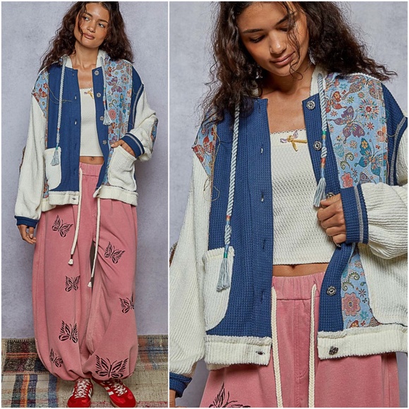 POL Floral Butterfly Print Color block Pockets Button Jacket Shacket - Picture 1 of 6